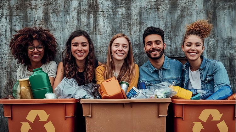 A diverse group of smiling young people standing behind recycling bins filled with various materials like plastic bottles and containers. They are outdoors, posing against a textured wall, symbolizing their commitment to sustainability and recycling.