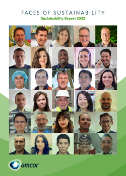 A collage of diverse faces arranged in a grid, representing the individuals behind sustainability efforts. The title &#34;Faces of Sustainability&#34; and &#34;Sustainability Report 2022&#34; are prominently displayed at the top. The image emphasizes diversity and collaboration in sustainability initiatives, branded with the &#34;Amcor&#34; logo at the bottom.