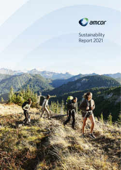 A scenic outdoor image featuring a group of hikers trekking through a mountain landscape, symbolizing exploration and the connection to nature. The text reads &#34;Sustainability Report 2021&#34; with the &#34;Amcor&#34; logo in the top right. The natural setting suggests a focus on environmental stewardship and sustainability in the report.